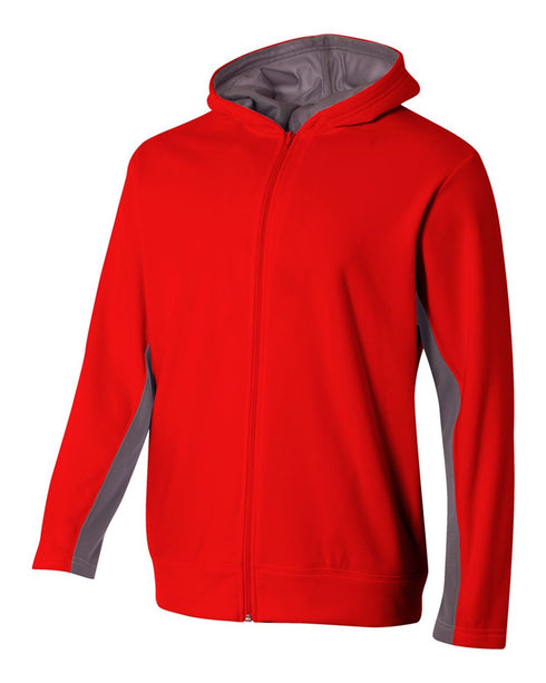 A4 Youth Full Zip Color Block Fleece Hoodie (NB4251), Color 'Scarlet/Graphite'